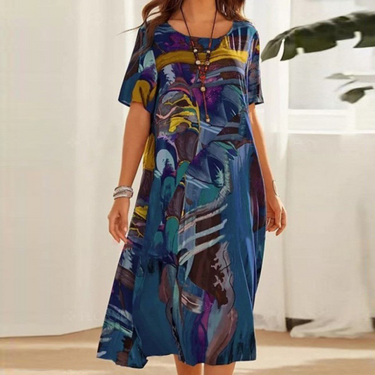 Robe Femme - Coupe Ample - Manches Courtes - Col Rond - Motif Artistique - Longueur Midi