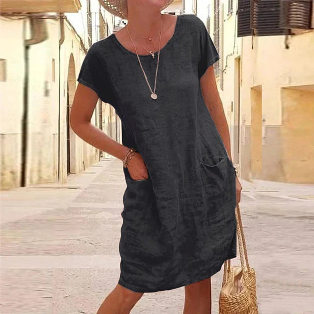 Robe femme – Fibres naturelles – Coupe décontractée – Manches courtes – Longueur genou