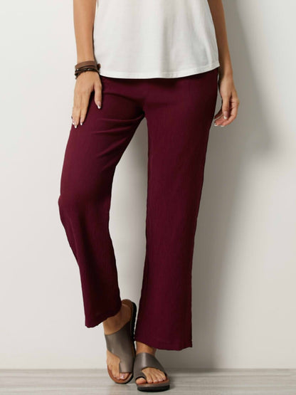 Pantalon femme – Coupe droite ample – Tissu froissé – Taille élastique – Poches latérales