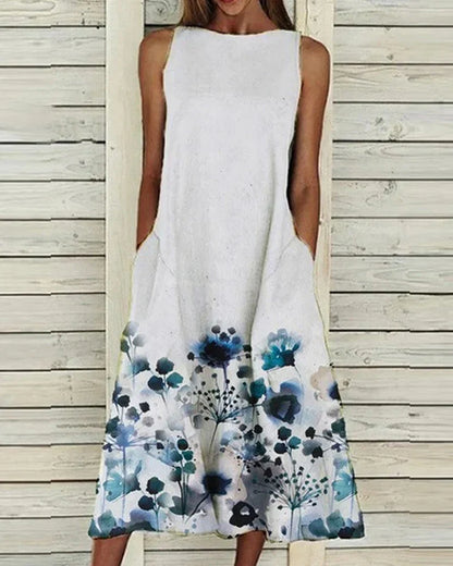 Robe midi femme – Sans manches – Coupe évasée – Encolure haute – Fibres naturelles