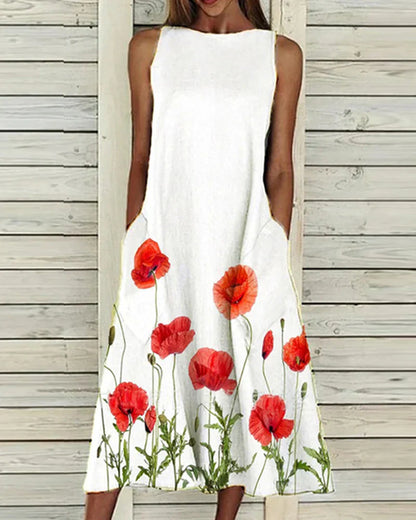 Robe midi femme – Sans manches – Coupe évasée – Encolure haute – Fibres naturelles