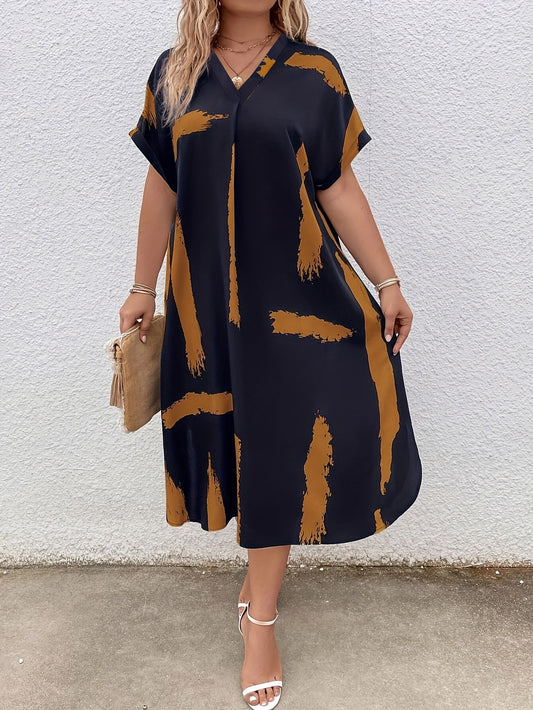 Robe Midi Femme - Coupe Ample - Manches Courtes - Col V Élégant - Motif Artistique