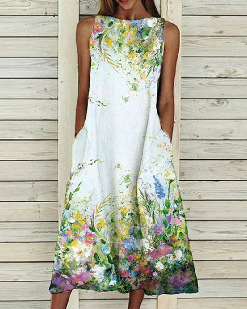 Robe midi femme – Sans manches – Coupe évasée – Encolure haute – Fibres naturelles