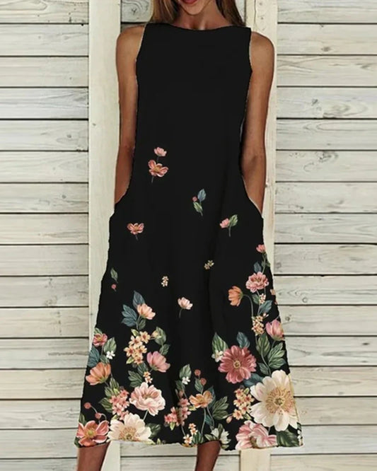 Robe midi femme – Sans manches – Coupe évasée – Encolure haute – Fibres naturelles