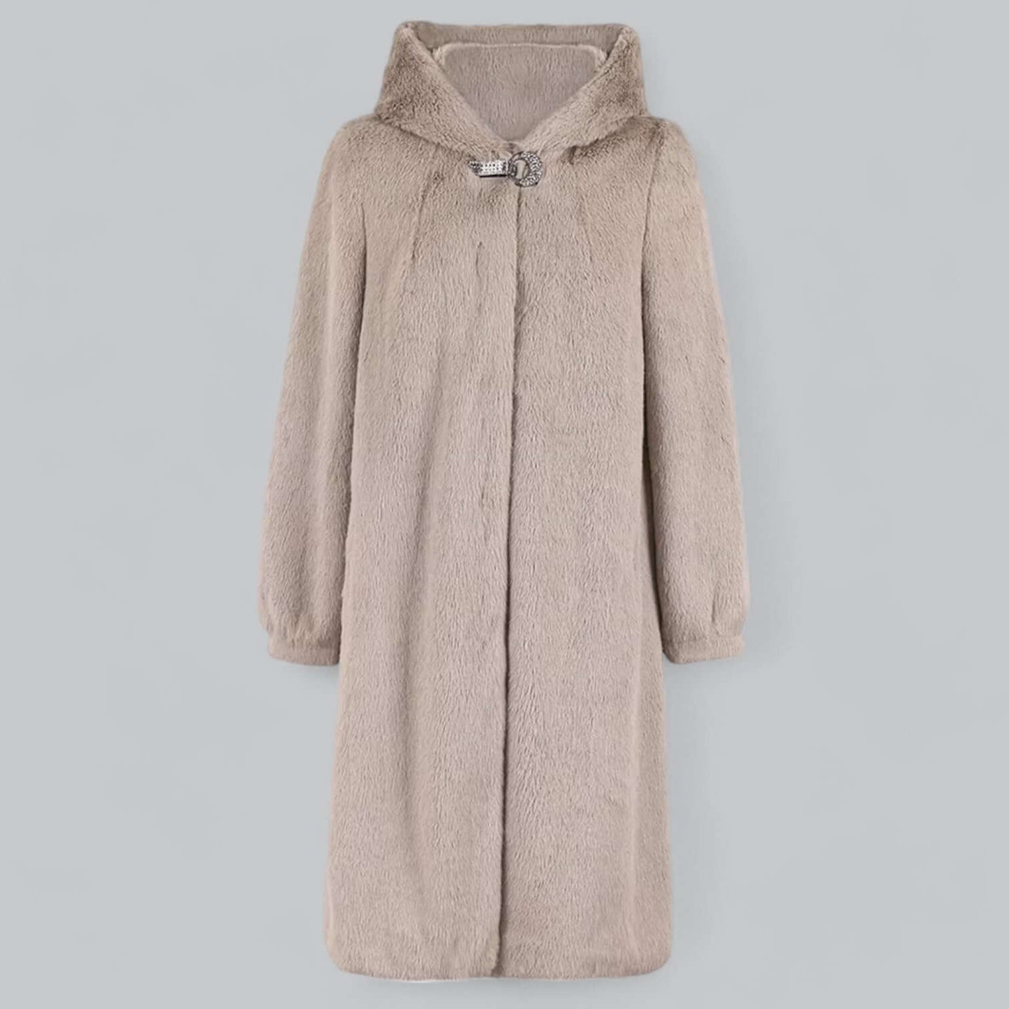 Manteau femme en fausse fourrure – Coupe élégante – Longueur genou – Capuche avec fermoir décoratif