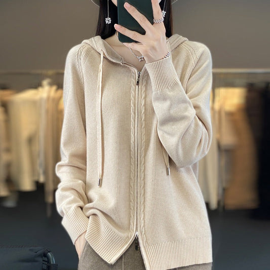 Sweat à capuche femme zippé – Coupe décontractée – Maille douce – Côtes et torsades