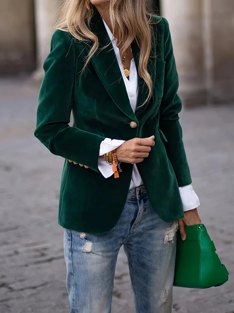 Veste blazer femme – Coupe cintrée – Velours doux – Simple boutonnage élégant