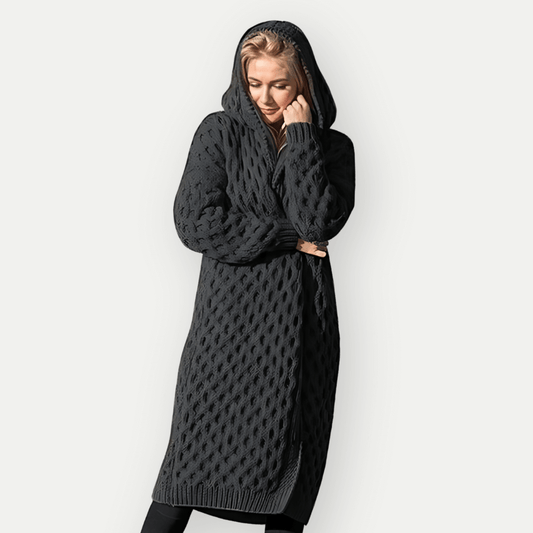 Veste longue femme à capuche – Coupe décontractée – Tricot torsadé – Ouverture frontale