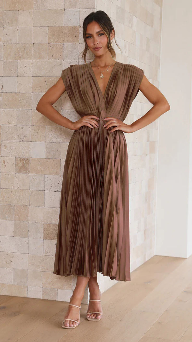 Robe Midi Femme - Sans Manches - Décolleté V - Plissée Élégante - Taille Cintrée