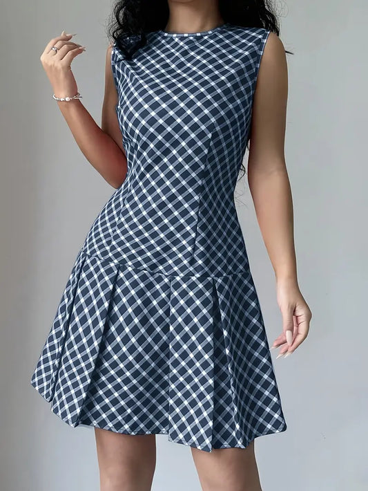 Robe Femme Sans Manches - Coupe Cintrée - Motif Carreaux - Jupe Évasée