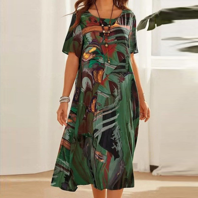 Robe Femme - Coupe Ample - Manches Courtes - Col Rond - Motif Artistique - Longueur Midi
