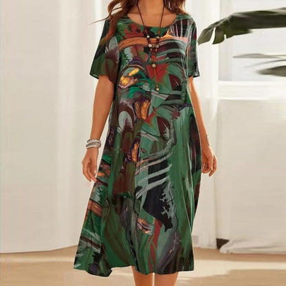 Robe Femme - Coupe Ample - Manches Courtes - Col Rond - Motif Artistique - Longueur Midi