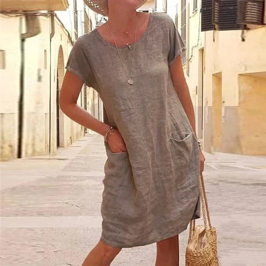 Robe femme – Fibres naturelles – Coupe décontractée – Manches courtes – Longueur genou