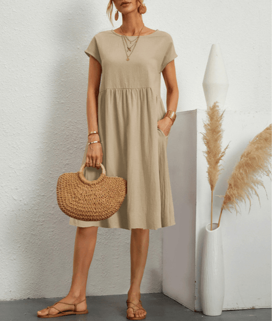 Women's Short Sleeve Midi Dress with Pockets and Relaxed Fit