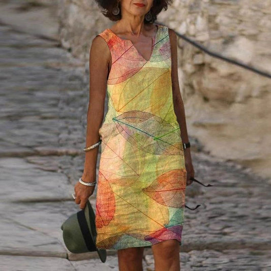 Robe femme – Coupe ample – Décolleté en V – Sans manches – Imprimé feuillage