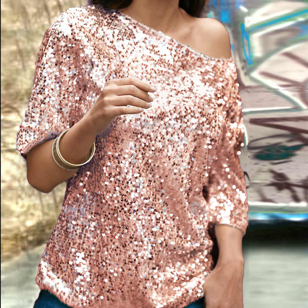 Top femme – Coupe décontractée – Épaules dénudées – Manches mi-longues – Sequins brillants