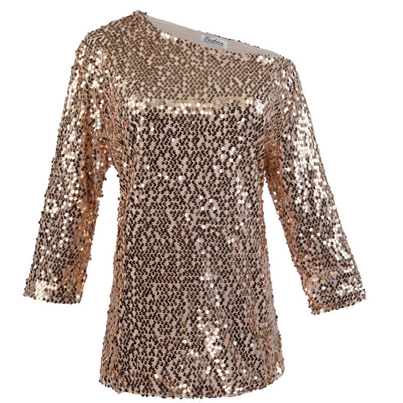 Top femme – Coupe décontractée – Épaules dénudées – Manches mi-longues – Sequins brillants
