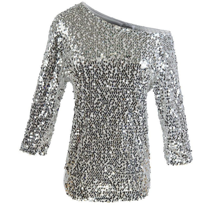 Top femme – Coupe décontractée – Épaules dénudées – Manches mi-longues – Sequins brillants