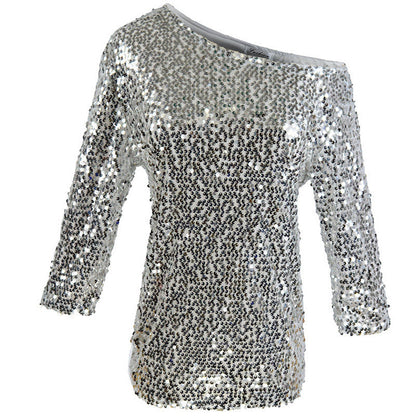 Top femme – Coupe décontractée – Épaules dénudées – Manches mi-longues – Sequins brillants