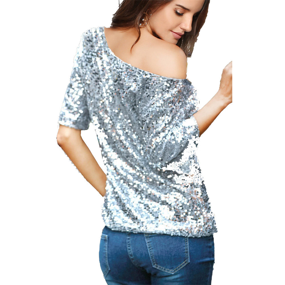 Top femme – Coupe décontractée – Épaules dénudées – Manches mi-longues – Sequins brillants