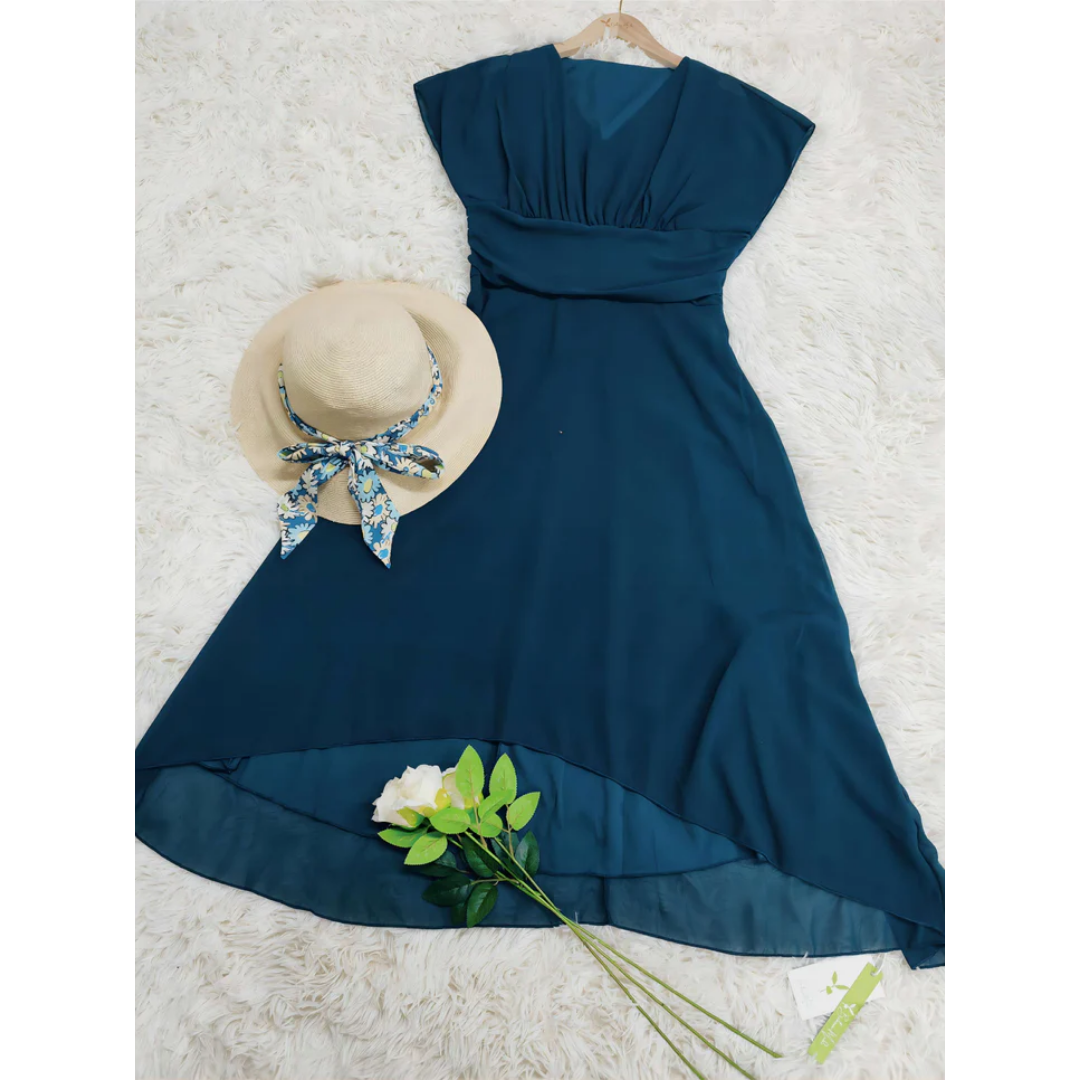 Robe midi femme – Coupe évasée – Col en V – Manches volantées – Ourlet asymétrique