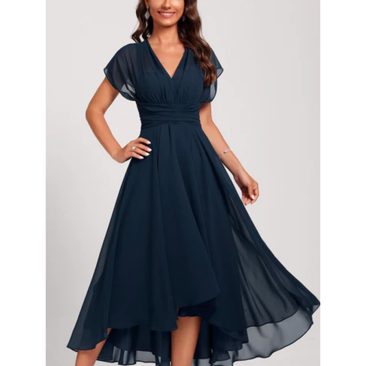 Robe midi femme – Coupe évasée – Col en V – Manches volantées – Ourlet asymétrique