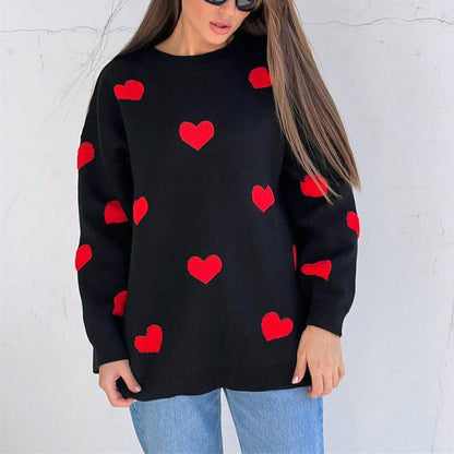 Sweat-shirt femme – Maille douce – Coupe oversize – Motif cœurs – Manches longues