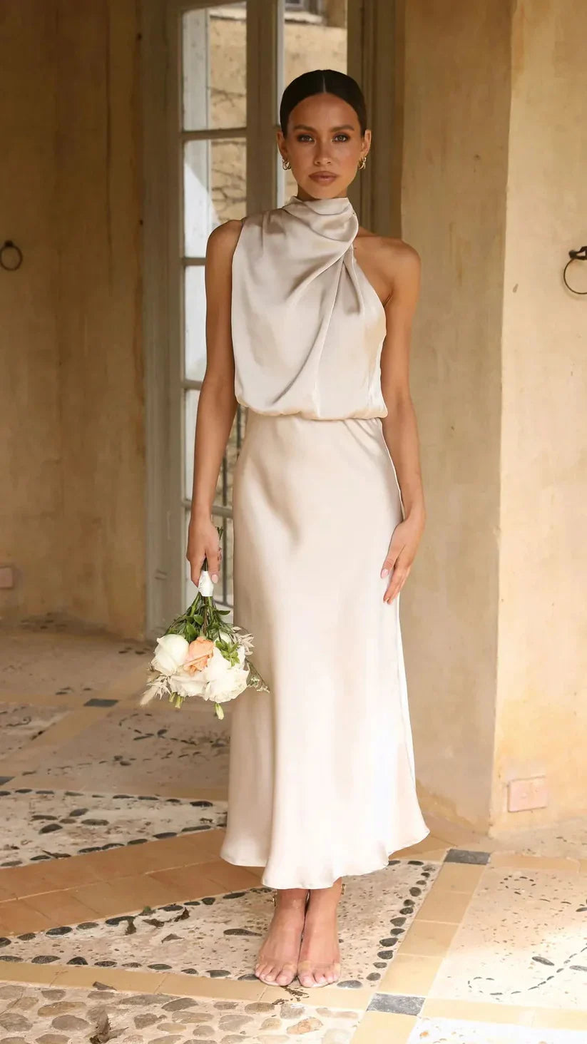 Robe de Soirée Femme – Satin Élégant – Asymétrique Sans Manches – Coupe Midi Ajustée