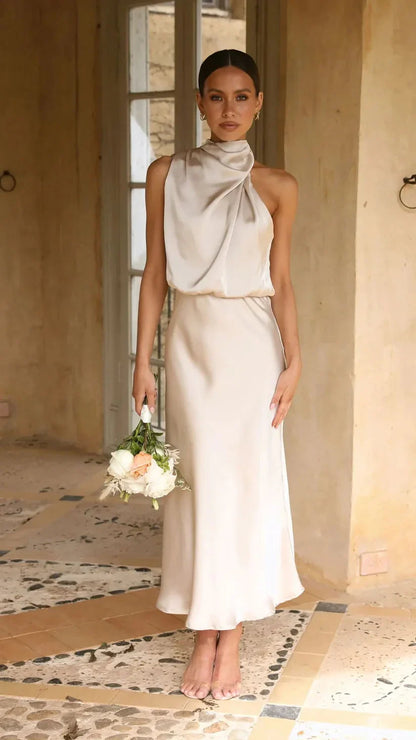 Robe de Soirée Femme – Satin Élégant – Asymétrique Sans Manches – Coupe Midi Ajustée
