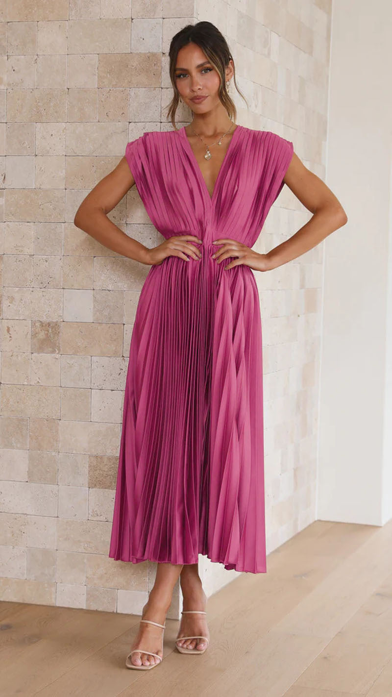 Robe Midi Femme - Sans Manches - Décolleté V - Plissée Élégante - Taille Cintrée