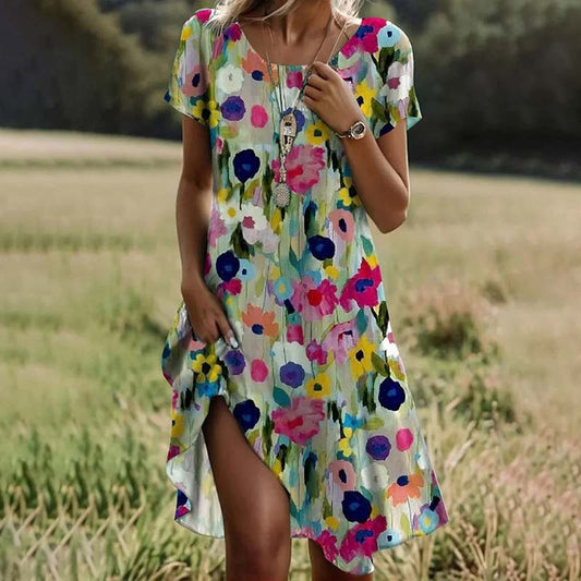 Robe Femme - Imprimé Fleuri - Manches Courtes - Coupe Décontractée - Col Rond