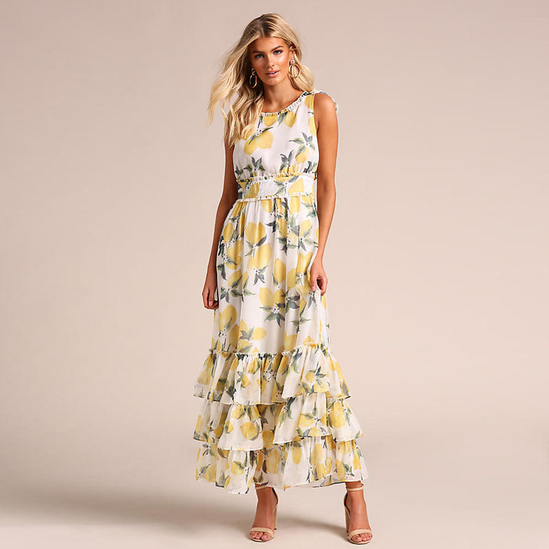 Robe longue femme – Coupe évasée – Sans manches – Ourlet volanté – Tissu respirant