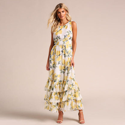 Robe longue femme – Coupe évasée – Sans manches – Ourlet volanté – Tissu respirant