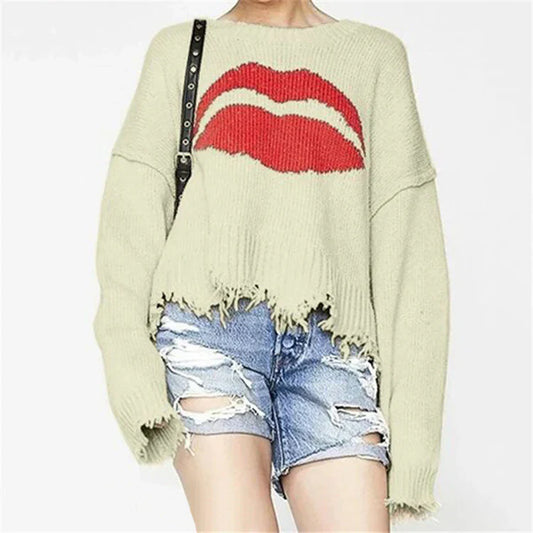 Pull femme – Maille épaisse – Coupe oversize – Motif lèvres – Ourlet frangé