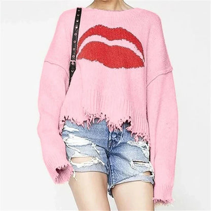 Pull femme – Maille épaisse – Coupe oversize – Motif lèvres – Ourlet frangé