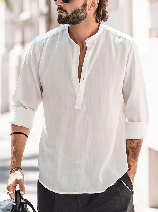 Chemise homme à manches longues – Coupe décontractée – Col officier – Fibres naturelles respirantes