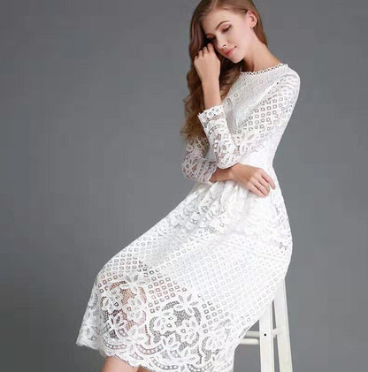 Robe midi femme – Dentelle élégante – Manches longues – Coupe évasée chic