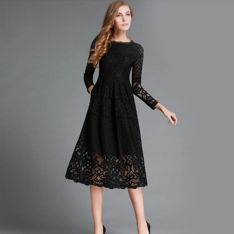 Robe midi femme – Dentelle élégante – Manches longues – Coupe évasée chic