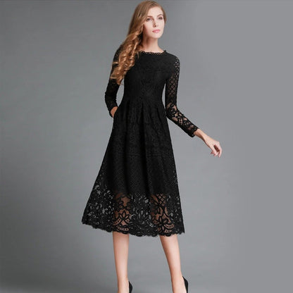 Robe midi femme – Dentelle élégante – Manches longues – Coupe évasée chic