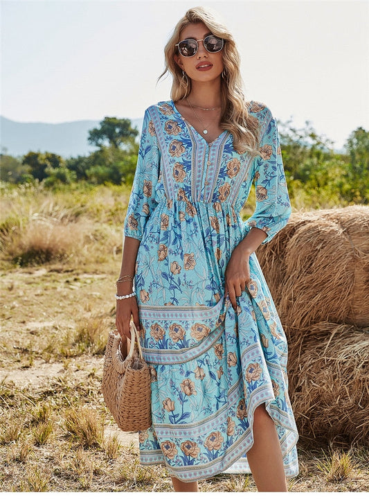 Robe midi femme – Coupe fluide – Imprimé fleuri – Tissu respirant – Manches 3/4