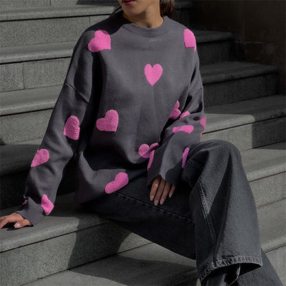 Sweat-shirt femme – Maille douce – Coupe oversize – Motif cœurs – Manches longues