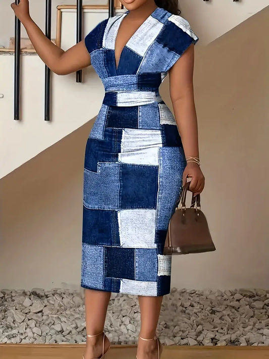 Robe Midi Femme - Cintrée Patchwork Denim - Manches Courtes Col V Chic