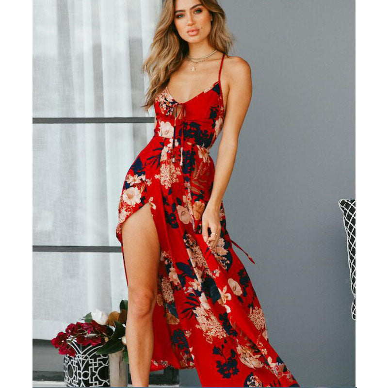 Robe longue femme – Coupe fluide – Bretelles fines – Imprimé fleuri – Fente latérale