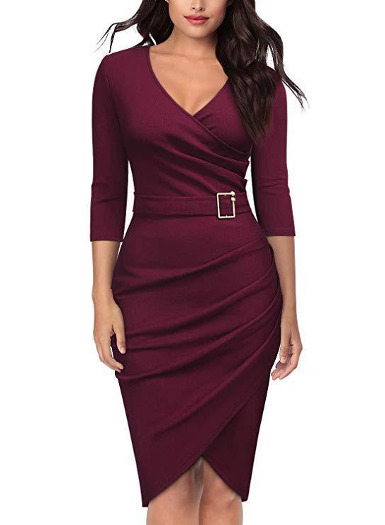Robe portefeuille femme – Coupe ajustée – Col V – Manches 3/4 – Taille ceinturée