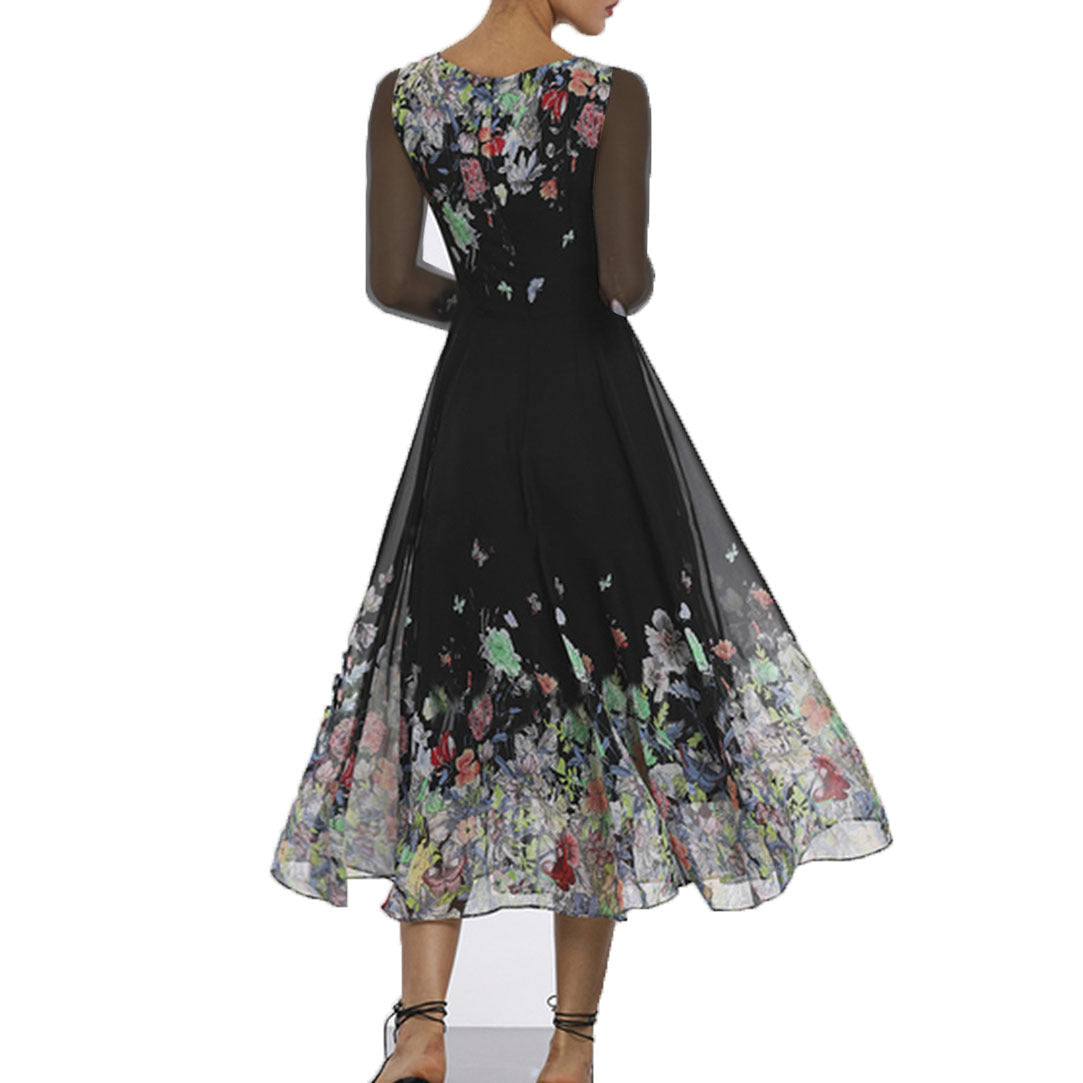 Robe longue femme – Tulle léger – Appliqués floraux – Manches transparentes – Coupe élégante