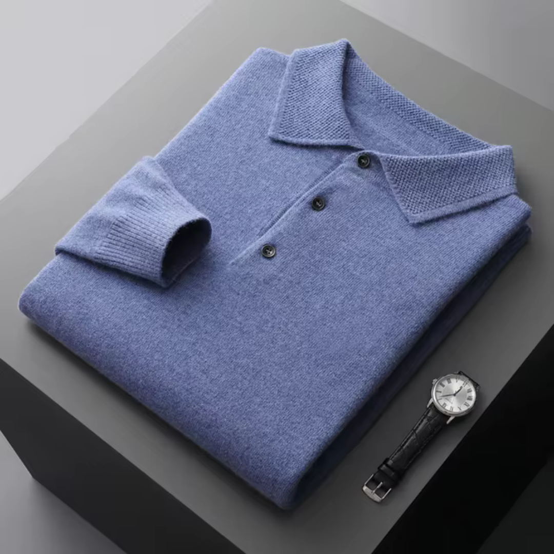 Pull homme polo – Laine mérinos – Coupe standard – Col boutonné – Finitions côtelées