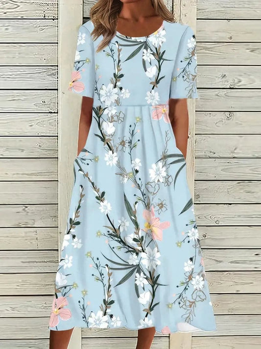 Robe midi femme – Coupe décontractée – Manches courtes – Motif fleuri – Tissu respirant