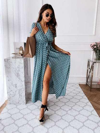 Robe longue femme – coupe fluide – décolleté en V – imprimé à pois – fente haute