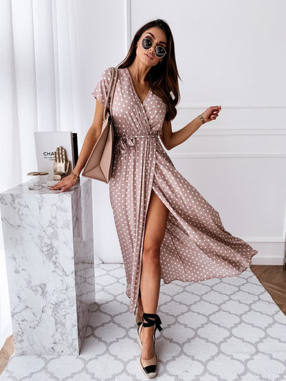 Robe longue femme – coupe fluide – décolleté en V – imprimé à pois – fente haute