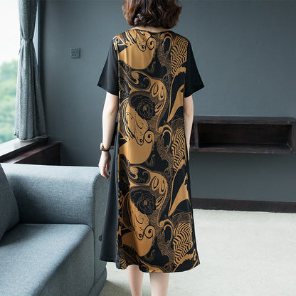 Robe midi femme – Imprimé tribal – Coupe ample – Manches courtes – Tissu respirant